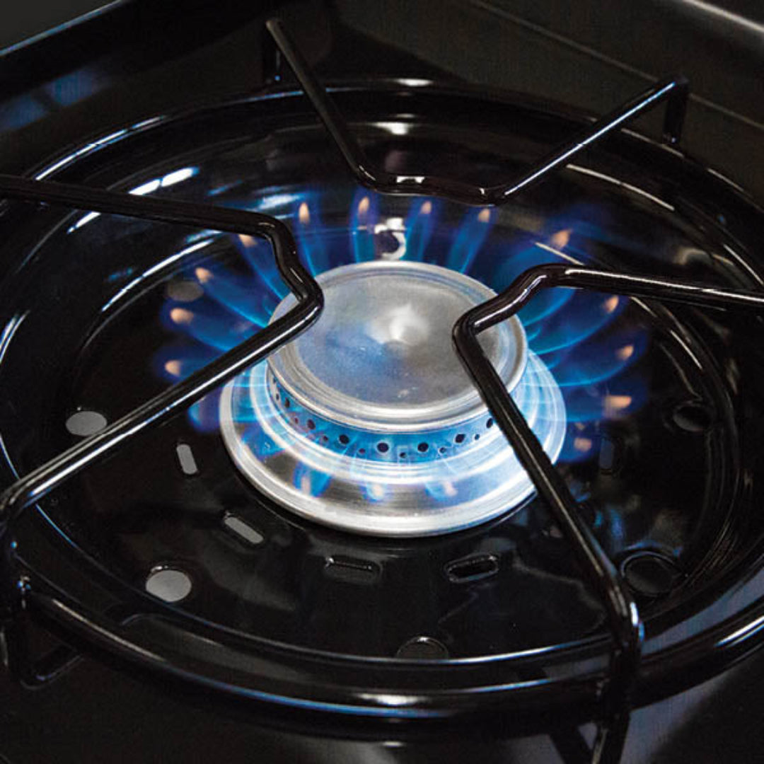 Side burner flame, Broil King grill, circular cast iron grate with high-heat gas burner and blue flame output