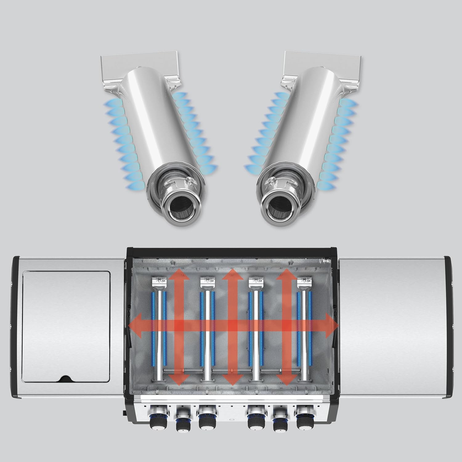 Burner system diagram, Broil King grill, linear burner layout, heat distribution arrows, stainless tube burners