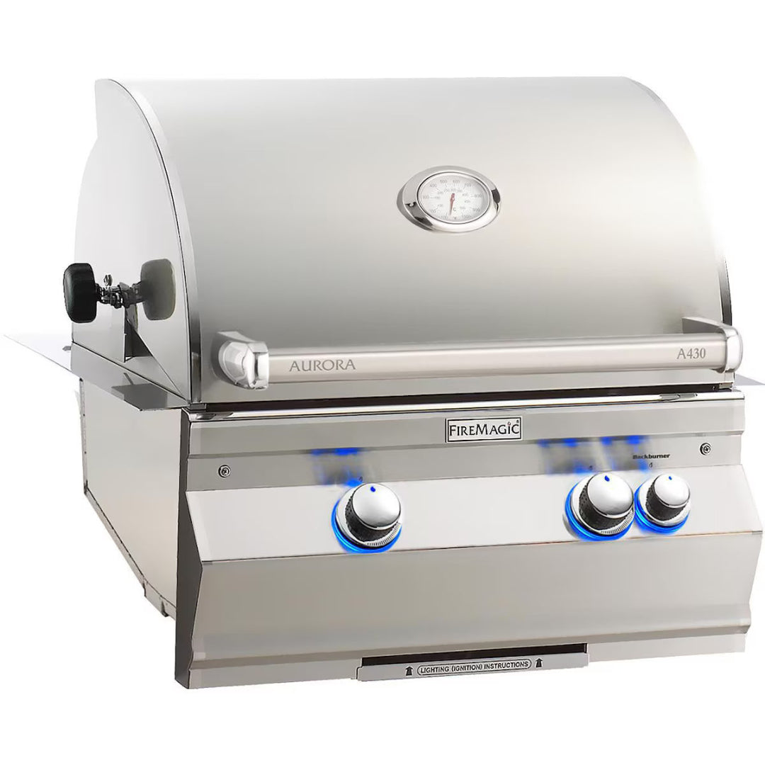 Fire Magic Aurora A430 built-in stainless steel 3-burner gas grill head with lid thermometer and blue LED illuminated control knobs for outdoor kitchen