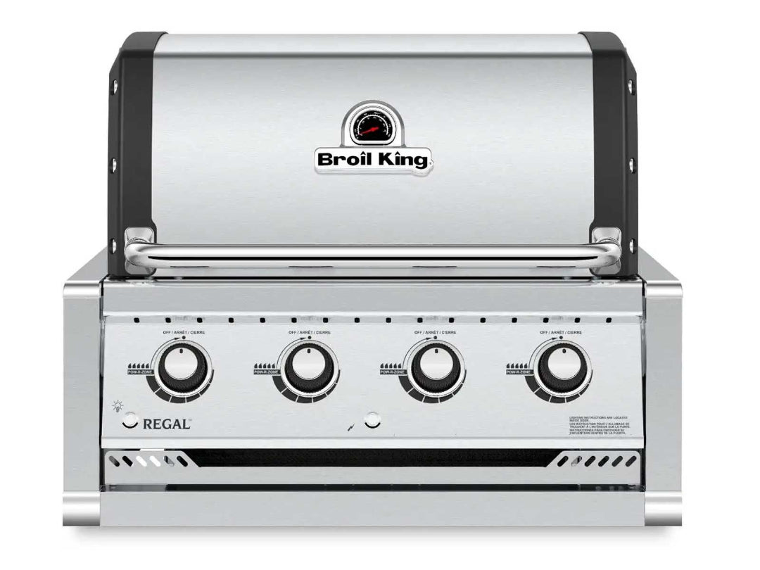 Built-in gas grill, Broil King Regal series stainless steel 4-burner grill with closed lid and control knobs visible