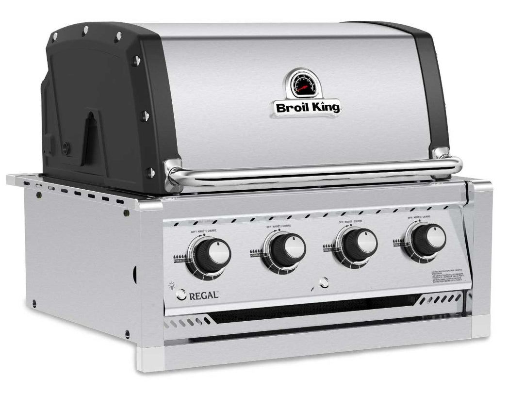 Broil King Regal built-in stainless steel gas grill with closed hood, 4-burner front panel view and side panel ventilation