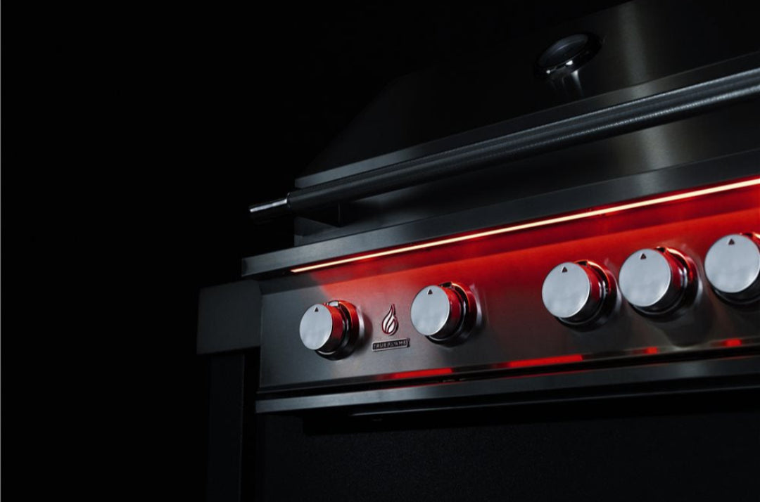 True Flame LED bar front panel stainless steel grill control panel with chrome knobs and red LED accent lighting for outdoor gas grill replacement
