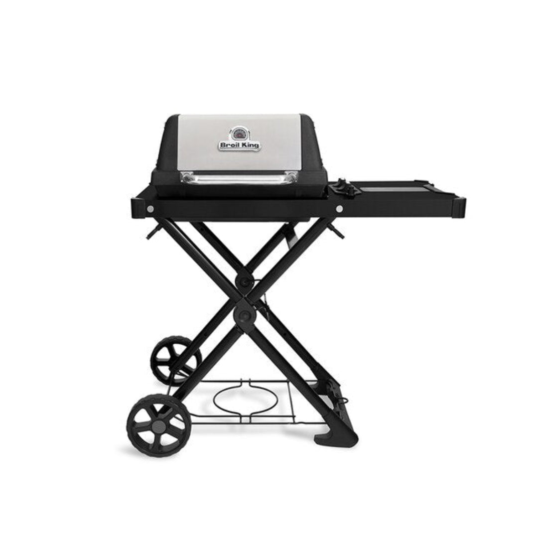 Broil King portable propane grill, folding stand design, built-in wheels, compact gas grill for travel or tailgating