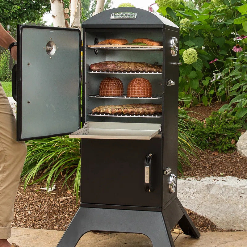 Vertical smoker, Broil King, Smoke Series, outdoor charcoal smoker with open door and loaded food racks
