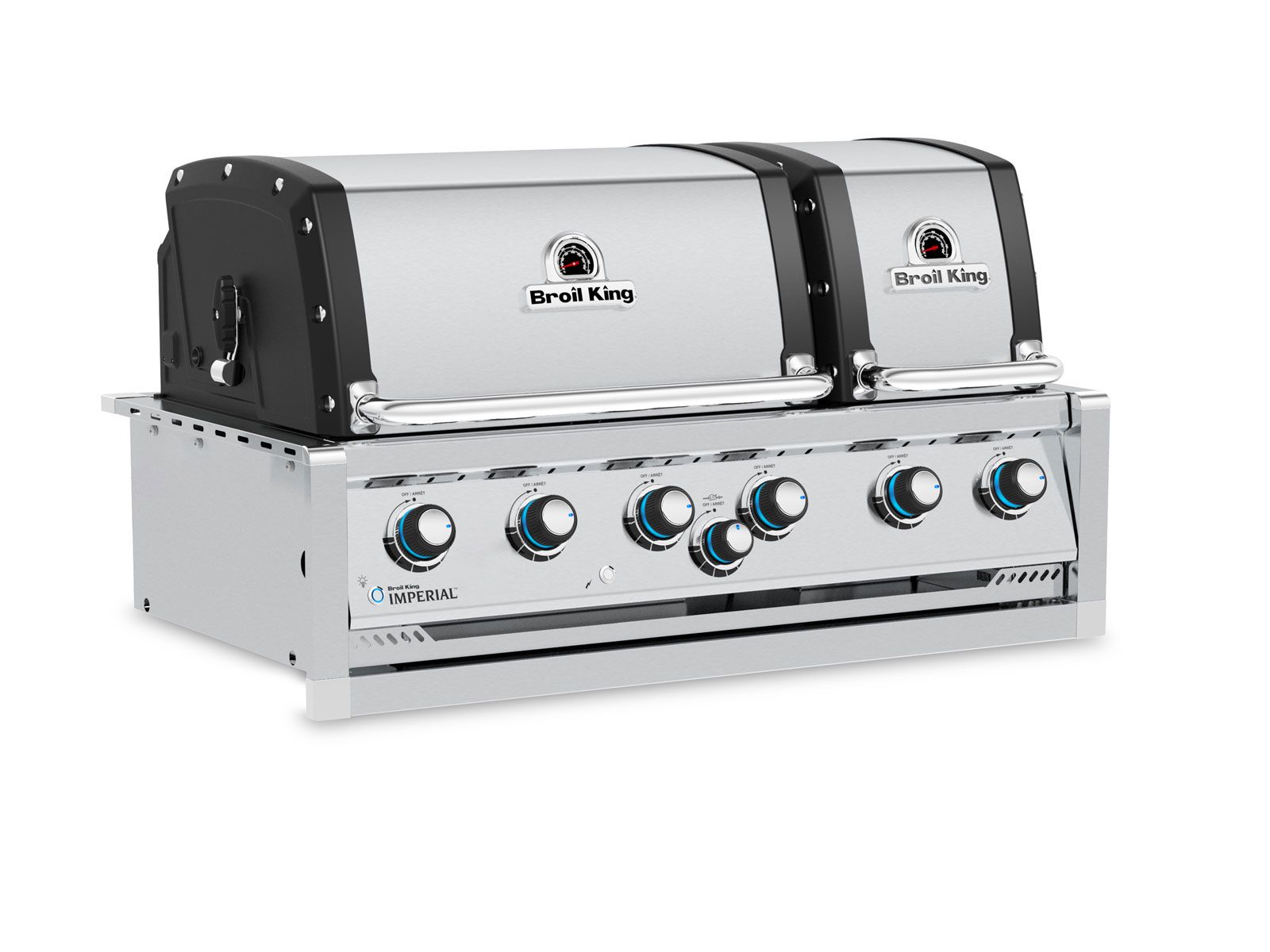 Broil King Imperial built-in grill with dual hoods, chrome accents, and blue LED control knobs.