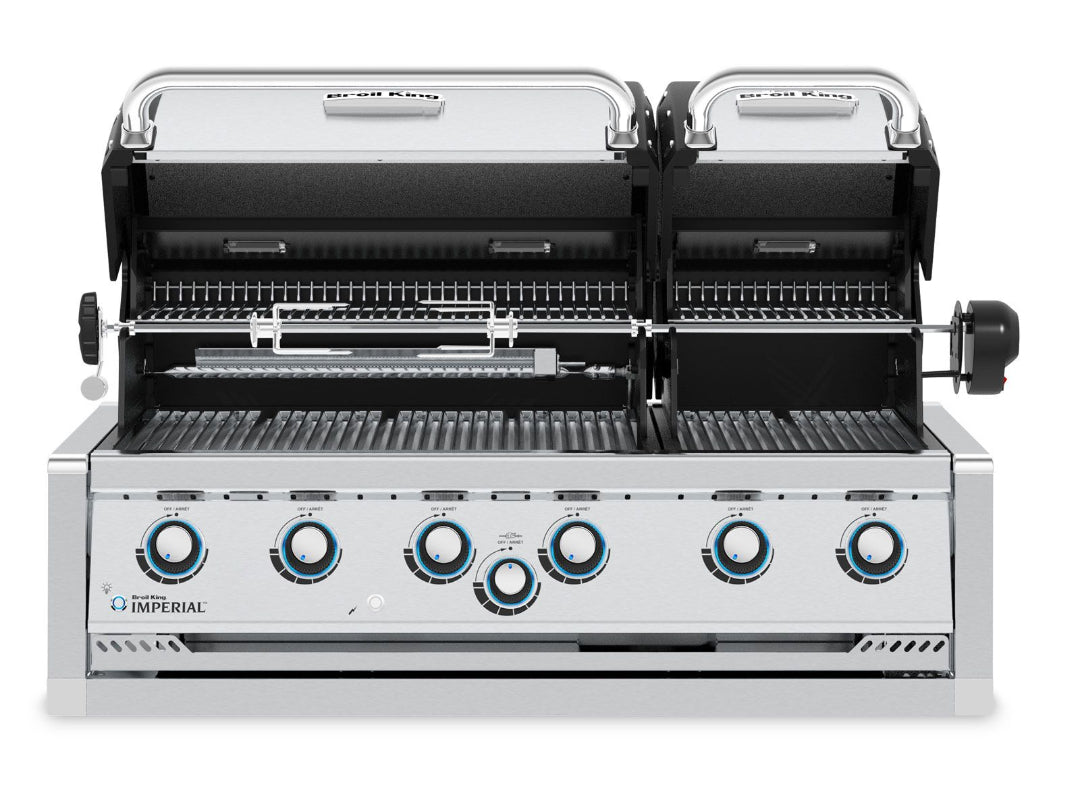 Broil King Imperial built-in gas grill with dual hoods, rotisserie system, and control knobs.