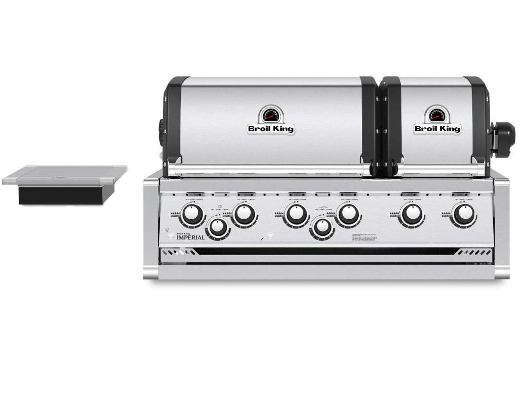 Built-in gas grill, Broil King, Imperial series, 6-burner dual-lid design with side burner and stainless steel finish.