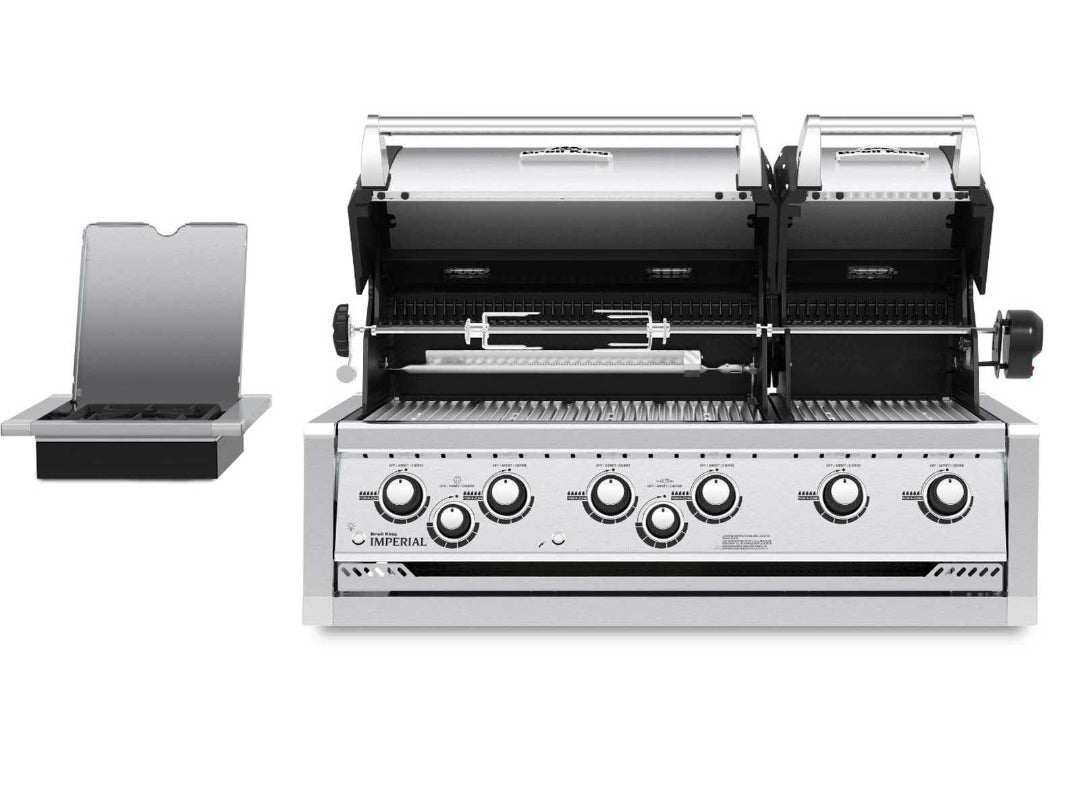 Built-in gas grill, Broil King, Imperial series, dual-lid 6-burner with rotisserie and open hood for high-capacity grilling.