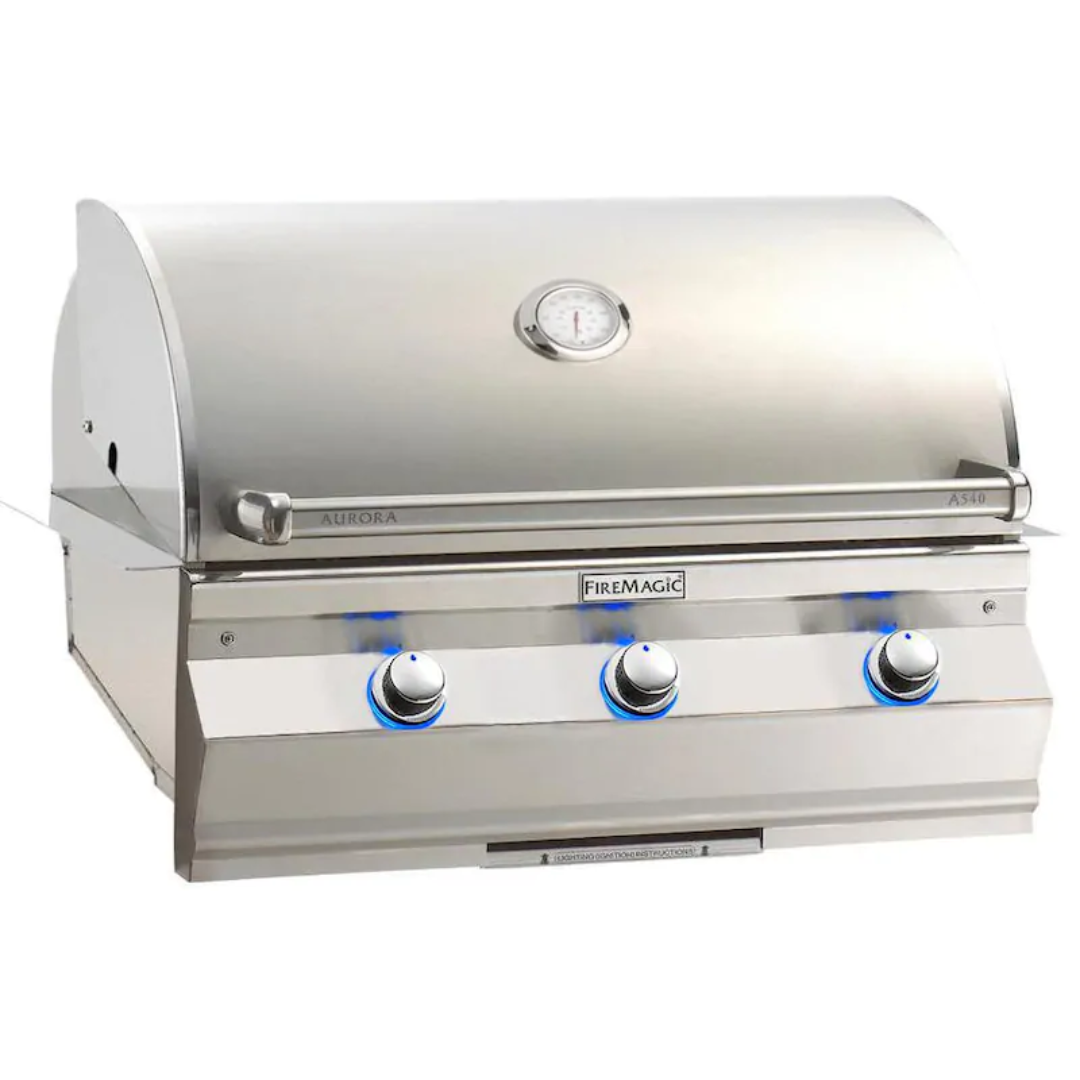 FireMagic Aurora A540 built-in stainless steel 3-burner gas grill head for outdoor kitchen island with hood thermometer and blue LED control knobs