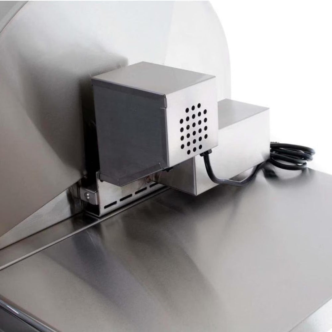 Vine & Flame A540I stainless steel electric rotisserie motor housing with vent holes and power cord — replacement motor assembly for outdoor pizza oven and stainless steel grill