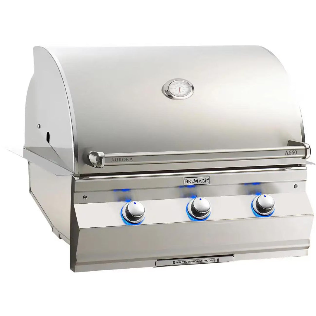 Fire Magic Aurora A660i 3-burner stainless steel built-in gas grill head with blue LED control knobs and lid thermometer for outdoor kitchen