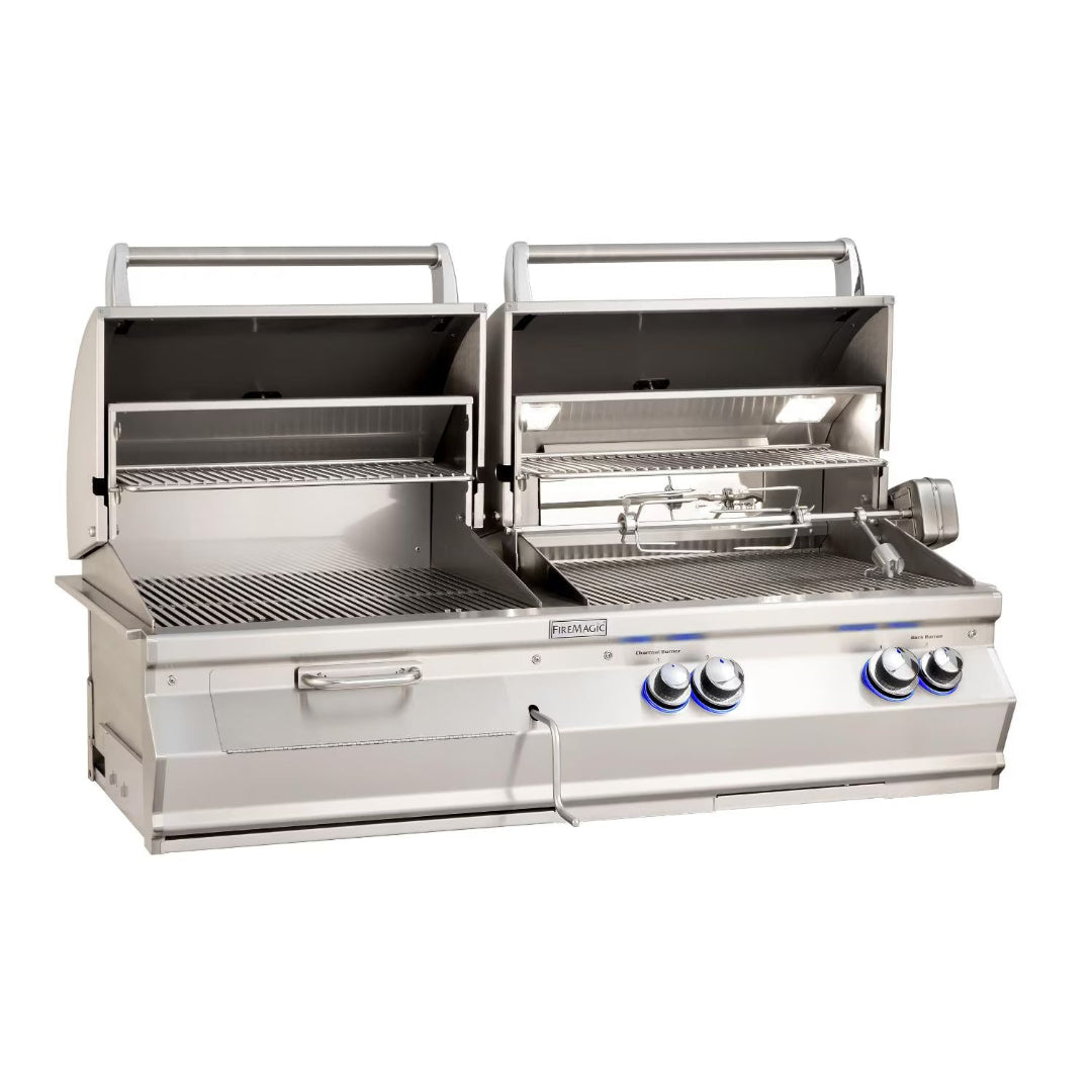 FireMagic A830I-8EAN-CB1 stainless steel built-in grill head with rotisserie, dual hoods, warming racks and LED control knobs for outdoor kitchen