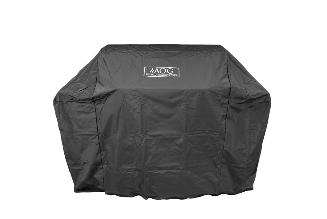 AOG American Outdoor Grill portable full-coverage heavy-duty waterproof black grill cover with AOG logo, fits portable gas and propane grills, outdoor weather-resistant protective barbecue cover