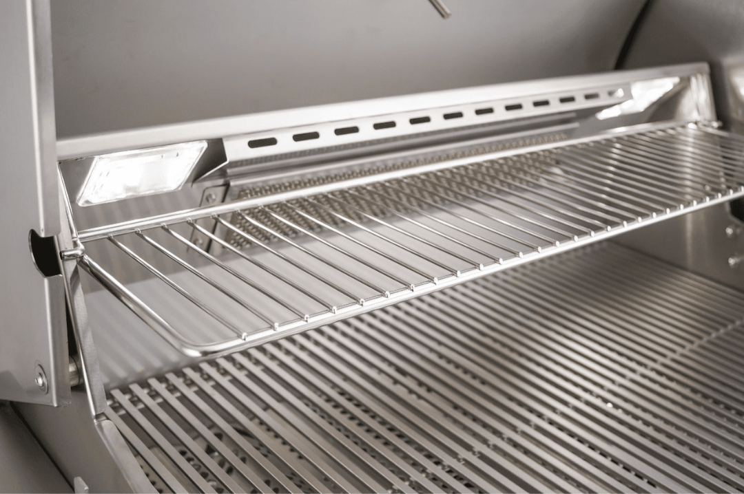 AOGL36 natural gas grill close-up stainless steel grates, elevated warming rack and interior LED light for 36-inch built-in outdoor grill