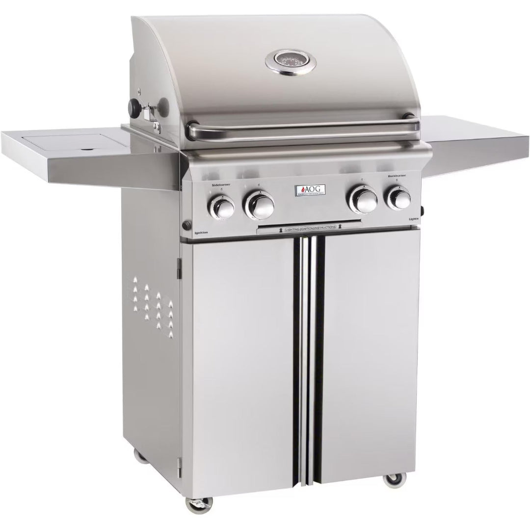 AOG 24PCL 24-inch stainless steel 3-burner propane gas grill on cart with double-door storage cabinet, folding side shelves with covered side burner, built-in lid thermometer and caster wheels