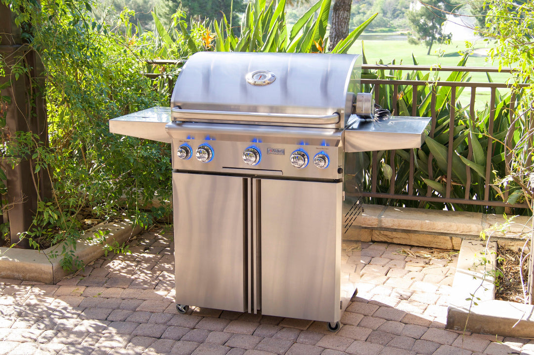 AOG 30PCL-3022 L-Series 30-inch portable stainless steel 4-burner gas grill with LED control knobs, side shelves, lid thermometer and double-door cabinet on backyard patio