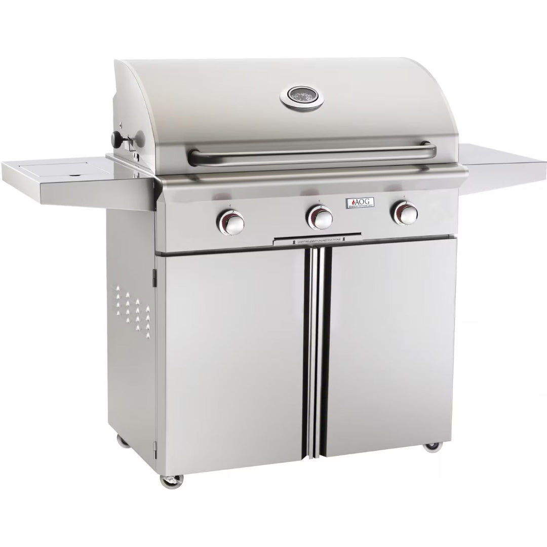 AOG 36PCT 36-inch stainless steel 3-burner propane gas grill cart with double-door storage cabinet, folding side shelves, integrated lid thermometer and caster wheels