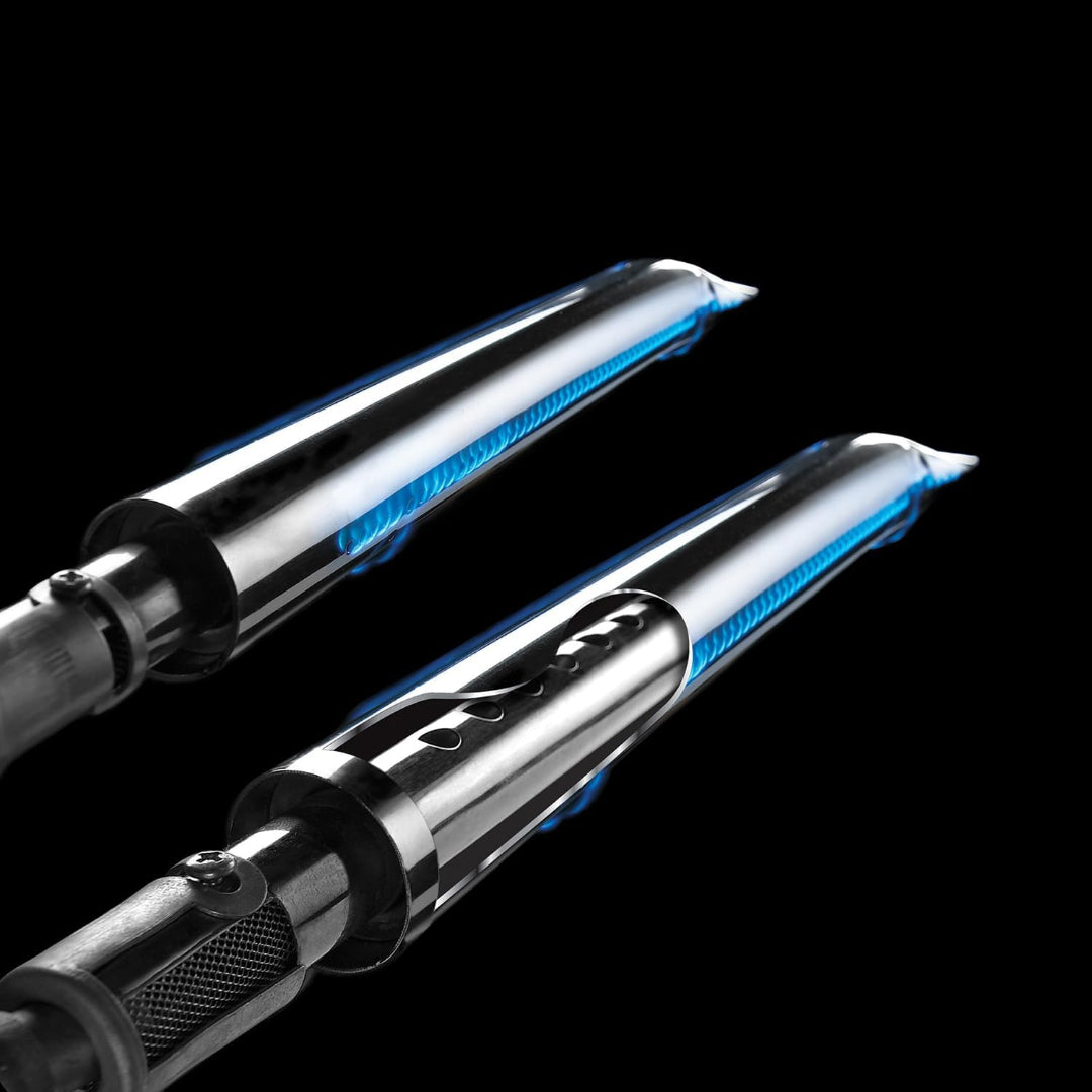 Gas burners, Broil King, Crown Series, Dual-Tube stainless steel burners with blue flame on black background