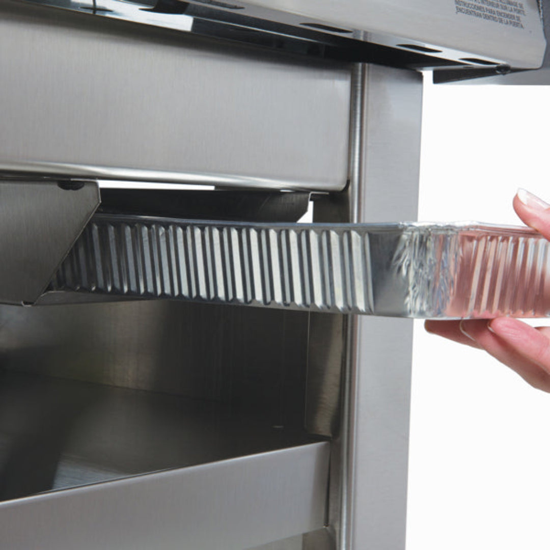 Drip tray, Broil King, removable grease management system, aluminum pan being inserted