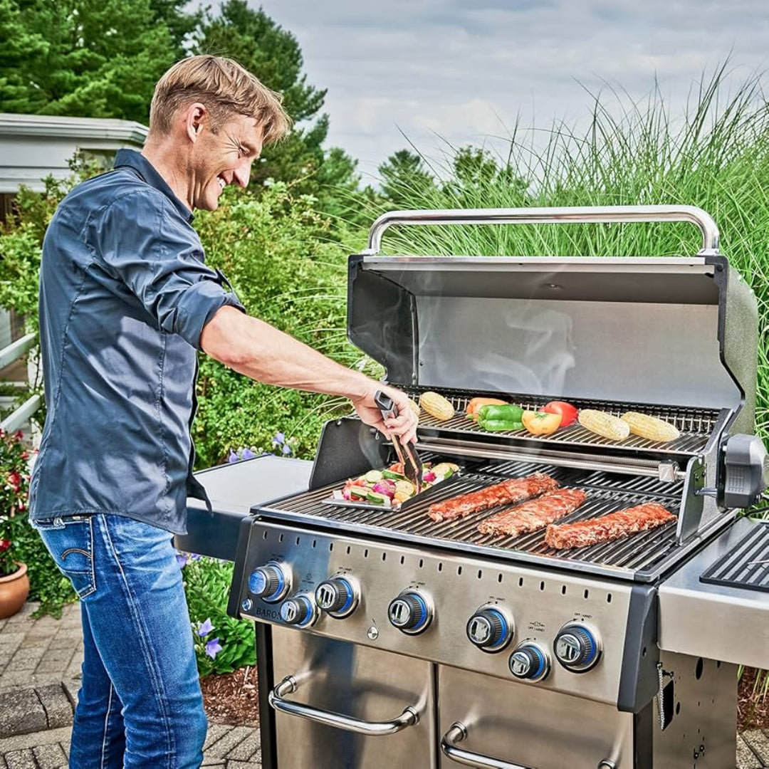 Freestanding grill, Broil King, Baron Series, stainless steel gas grill in use