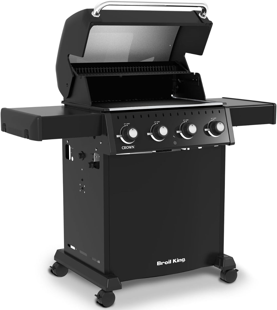 Freestanding grill, Broil King, Crown Series, 4-burner propane gas grill with hood open and side shelves – angled view