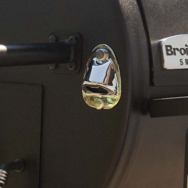 Accessory, Broil King, built-in bottle opener, stainless steel, mounted on smoker body near handle