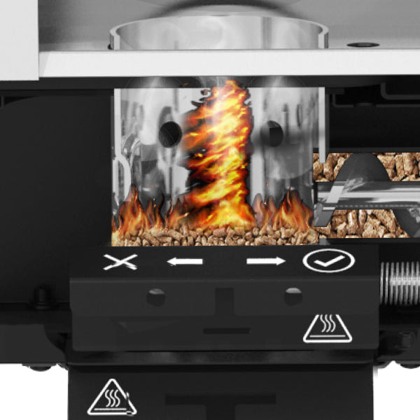 Internal Component, Broil King, Regal Pellet Series, pellet burner chamber with visible flame and auger system