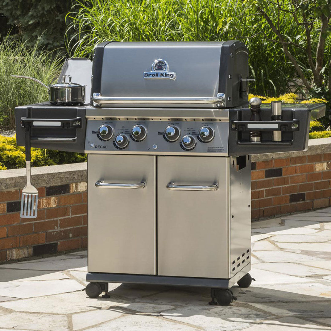 Broil King Regal S 490 Pro freestanding stainless steel gas grill with iQue precision cooking, infrared sear station, side burner, multi-burner control panel and double-door storage cabinet outdoor patio grill Vine & Flame