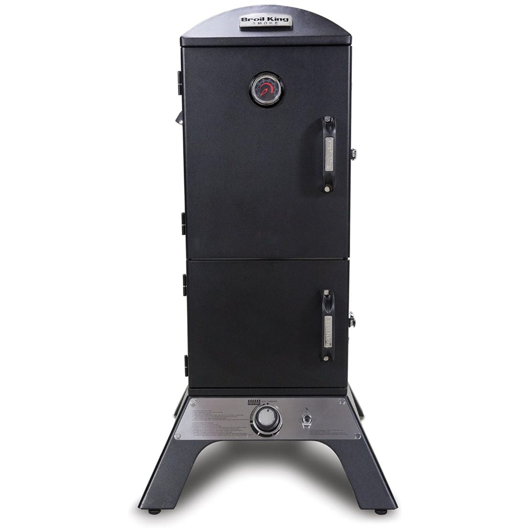 Vertical Smoker, Broil King, Smoke Series, Front View with Dual Doors and Temperature Gauge