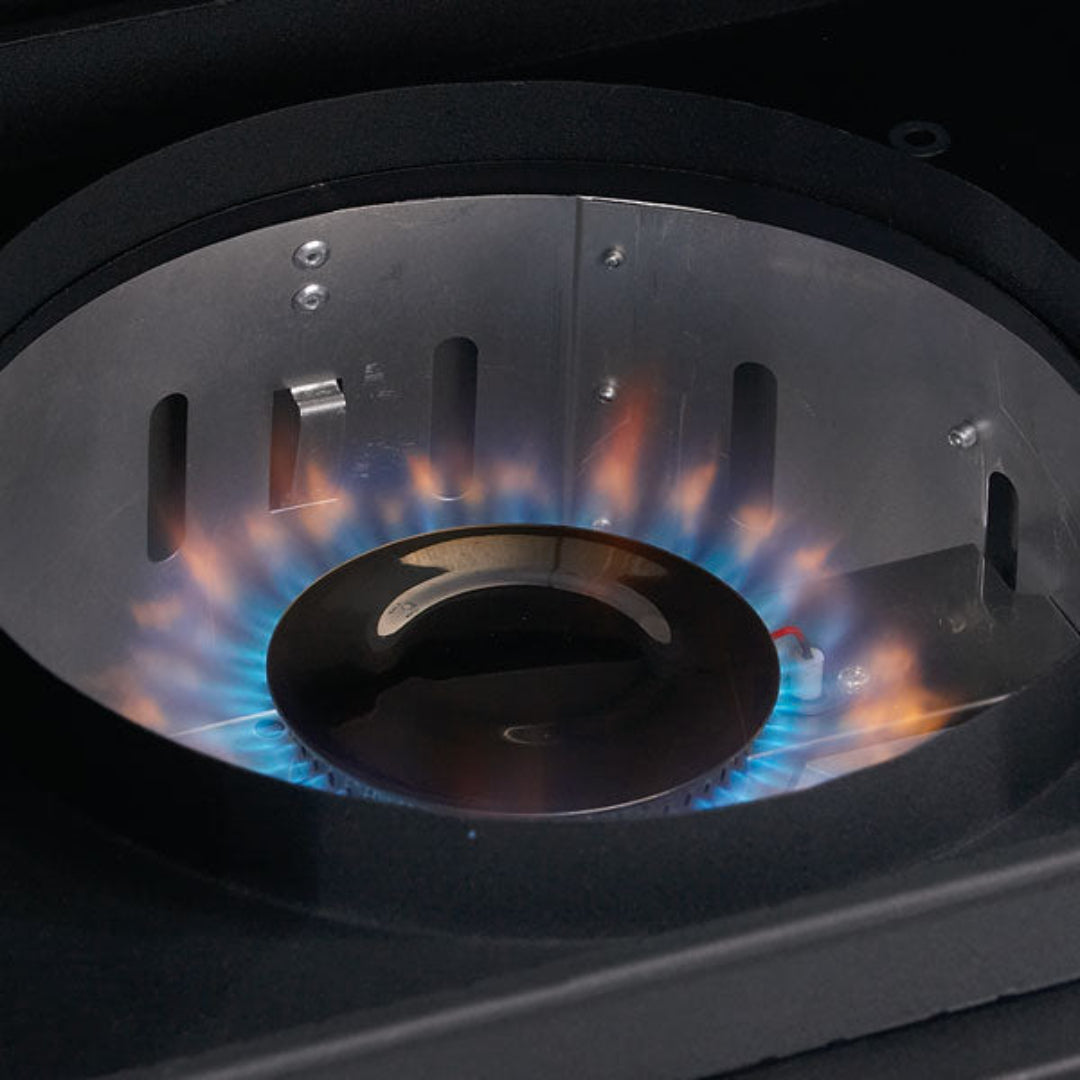 Broil King Vertical Gas Smoker Stainless Steel Burner Ignited with Blue Flame Detail