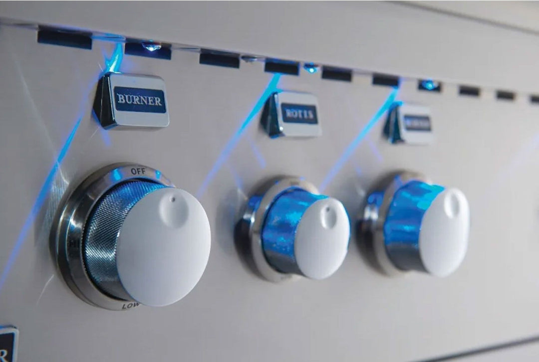 Broilmaster B-Series 40-inch 5-burner stainless natural gas grill control panel close-up blue LED-lit stainless knobs BSB405N