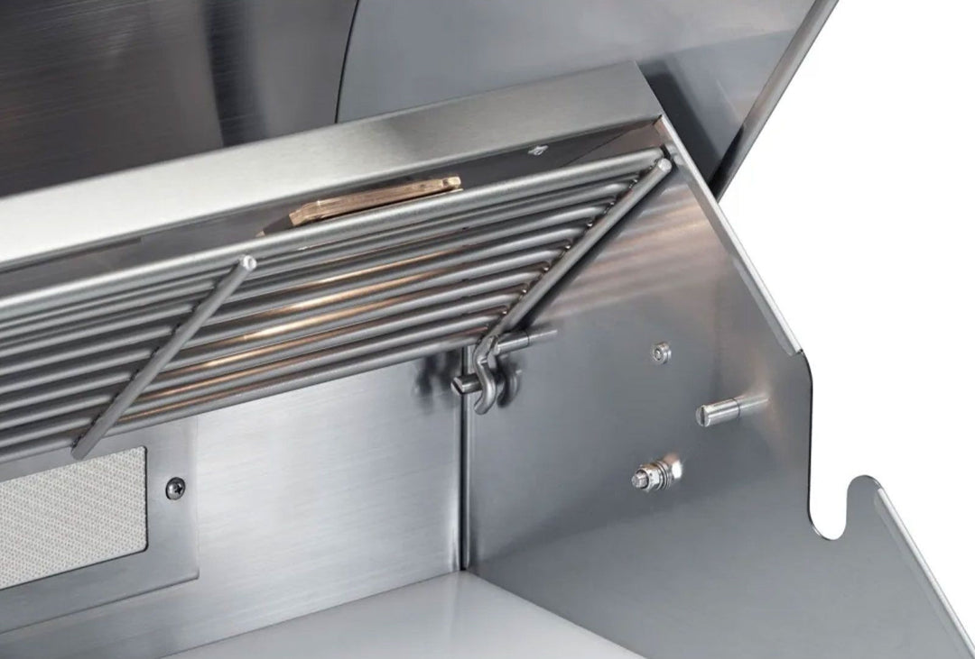 Broilmaster B-Series BSB405P 40-inch 5-burner stainless propane gas grill interior close-up showing fold-up warming rack, stainless side panel, rotisserie mounting studs and grease tray