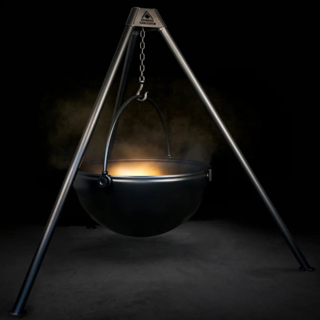 Cowboy Cauldron CC-53001 hanging cauldron on tripod with adjustable chain — black outdoor fire pit cooking pot for campfire stews and Dutch-oven style cooking