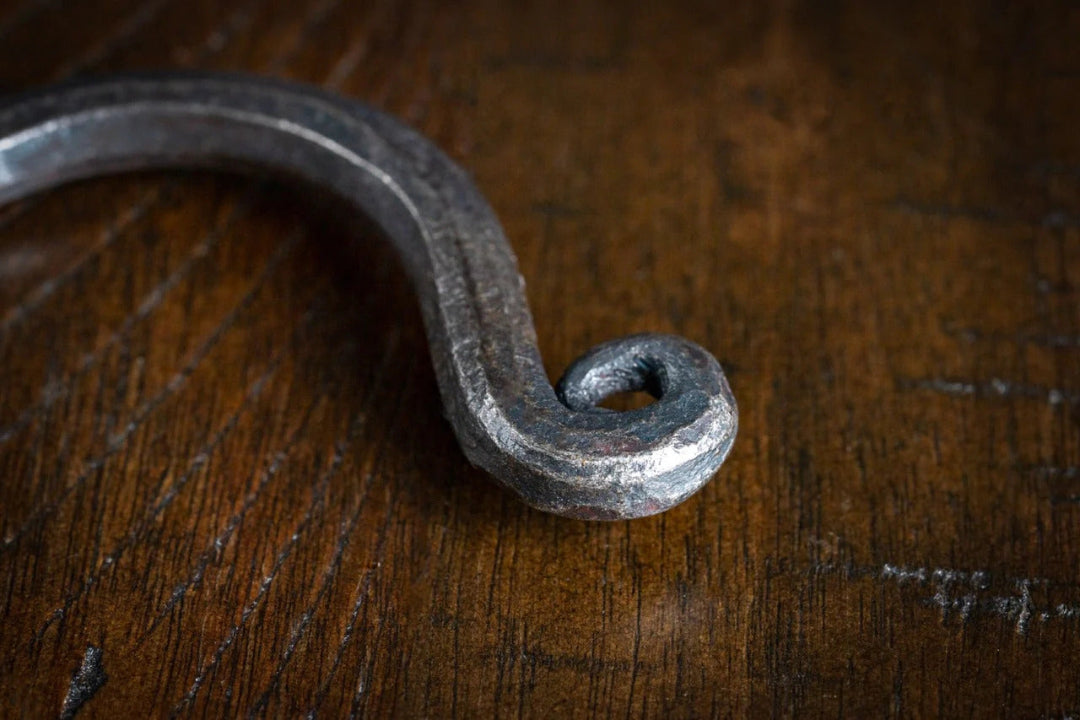 CC-90003 hand-forged hammered iron scroll end, rustic blacksmith-made cabinet pull and door handle accent