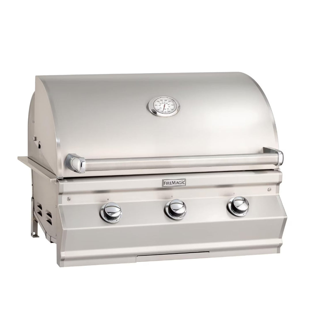 FireMagic C540i stainless-steel 3-burner built-in gas grill head with lid thermometer and stainless-steel control knobs