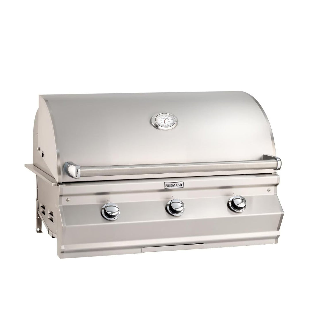 FireMagic Choice Series stainless steel 3-burner built-in gas grill head with domed hood, integrated lid thermometer and front control knobs for outdoor kitchen island