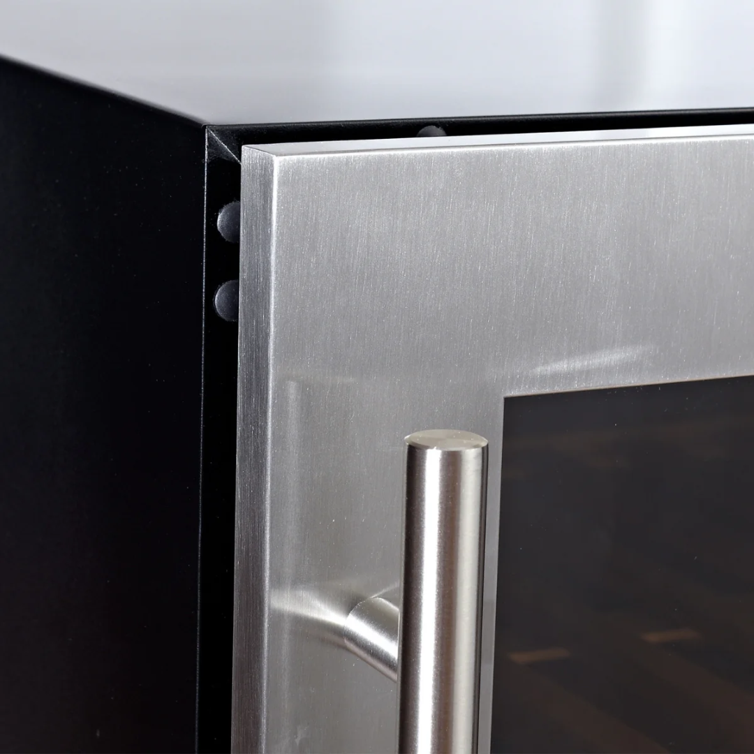 seamless stainless steel wine cooler door frame close-up with brushed tubular handle and glass inset — replacement part for built-in wine refrigerator