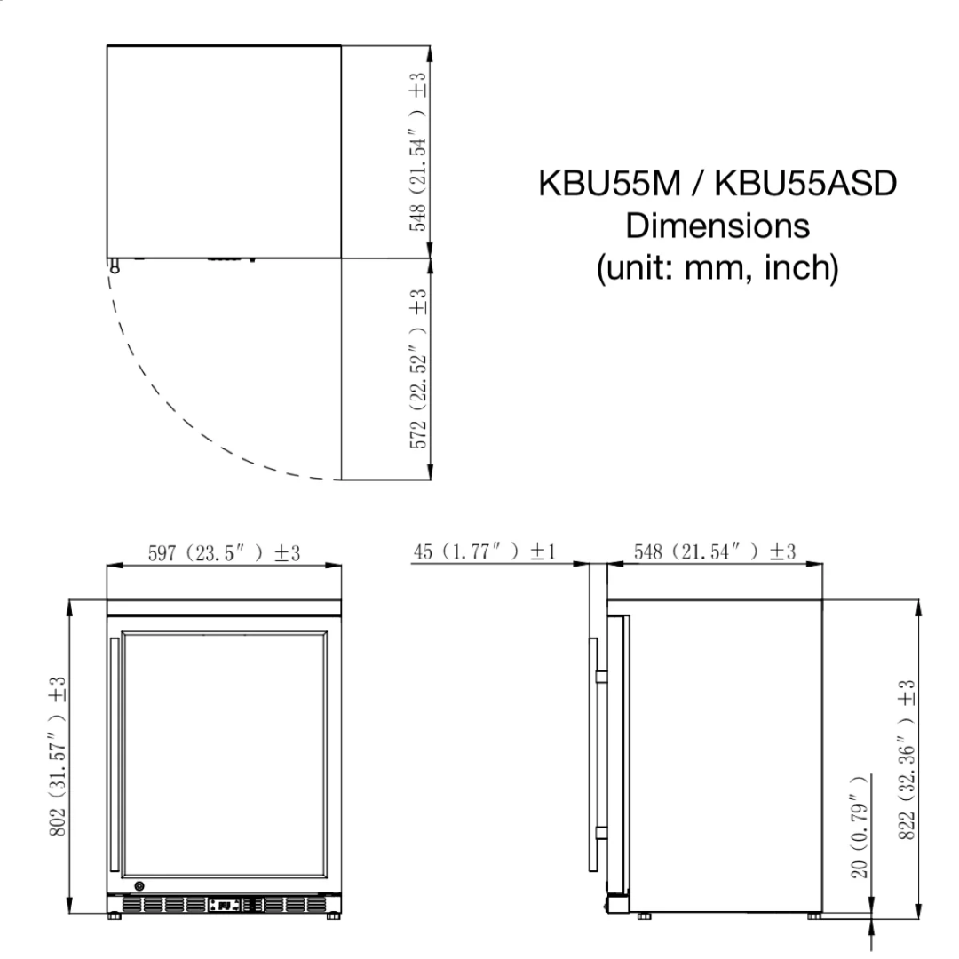 KBU55 built-in undercounter 24-inch stainless steel wine refrigerator dimension diagram showing 597mm (23.5") W × 802mm (31.57") H × 548mm (21.54") D and 572mm (22.52") door swing clearance — KBU55M / KBU55ASD / KBU55SS technical specs VineAndFlame