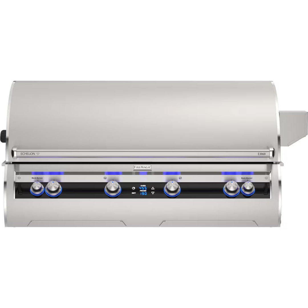 Fire Magic Echelon E1060i built-in stainless steel outdoor gas grill with blue LED backlit control knobs and digital temperature display