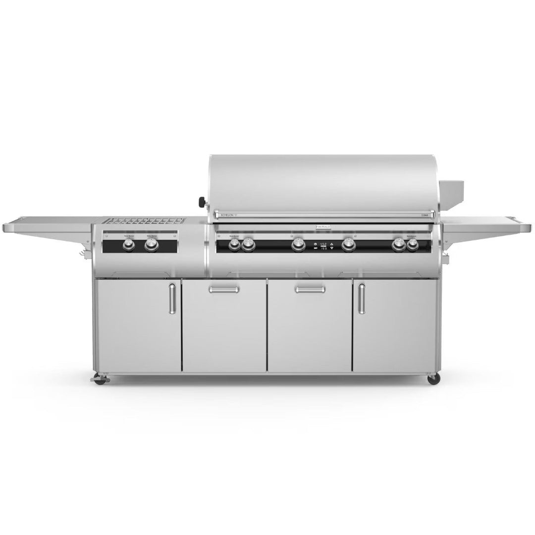 E1060S 60-inch stainless steel freestanding six-burner gas grill with integrated side burner, side shelves and enclosed storage cabinet for outdoor kitchen and patio