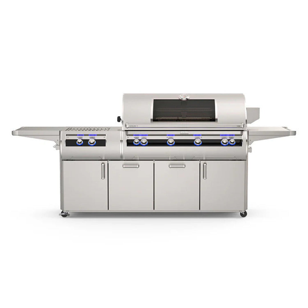 E1060S 60-inch stainless steel 6-burner built-in gas grill for outdoor kitchens with glass-view hood and thermometer, LED-lit control knobs, integrated side burner, folding side shelves and enclosed cabinet storage