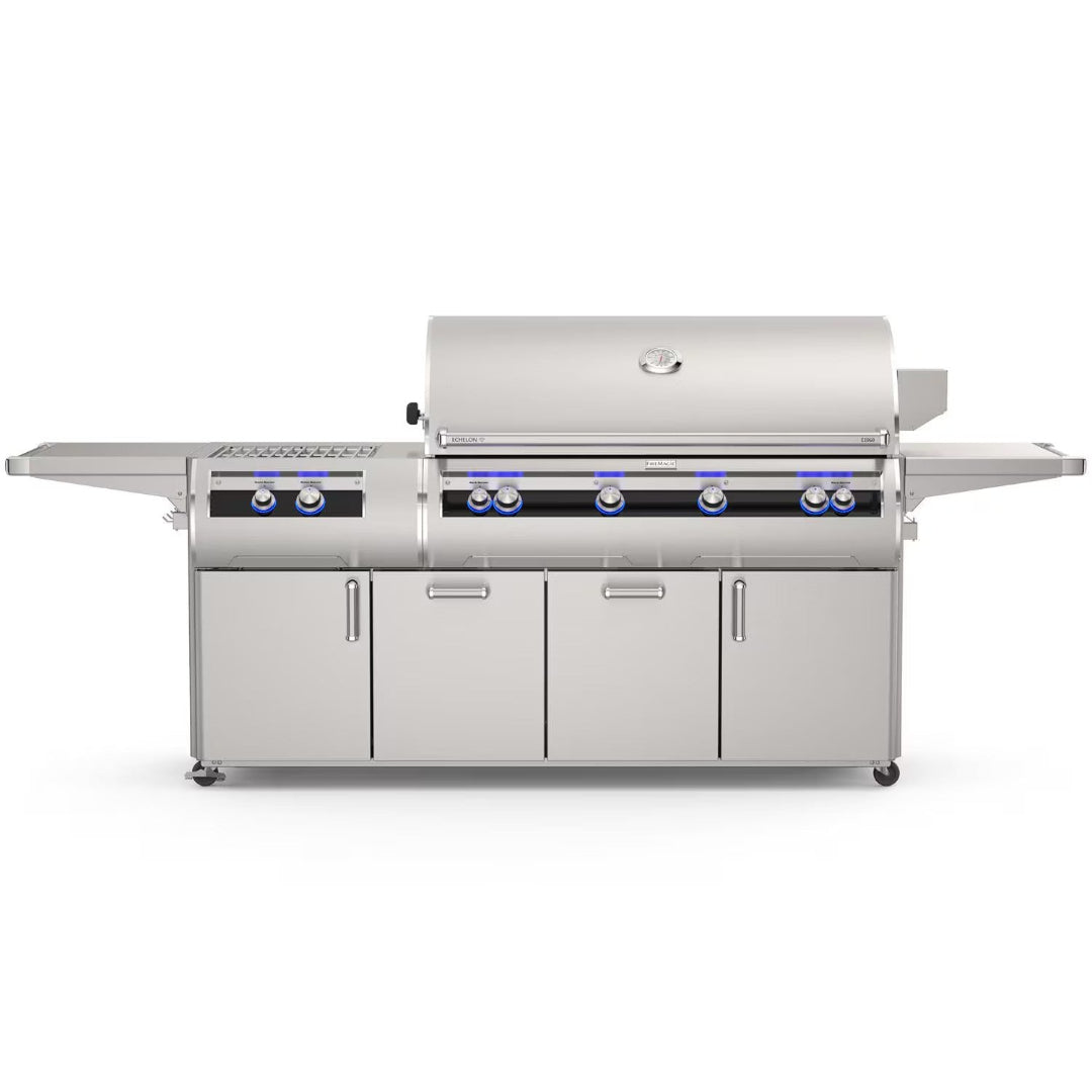 Fire Magic E1060S 60-inch stainless steel 6-burner outdoor gas grill cart with side burner, blue LED control knobs, stainless steel side shelves and four-door storage cabinet