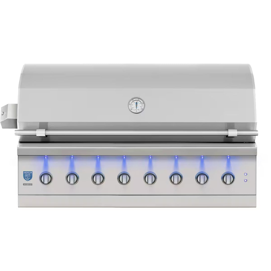 American Made Grills Muscle 54-inch built-in gas grill with eight LED-lit control knobs and analog hood thermometer