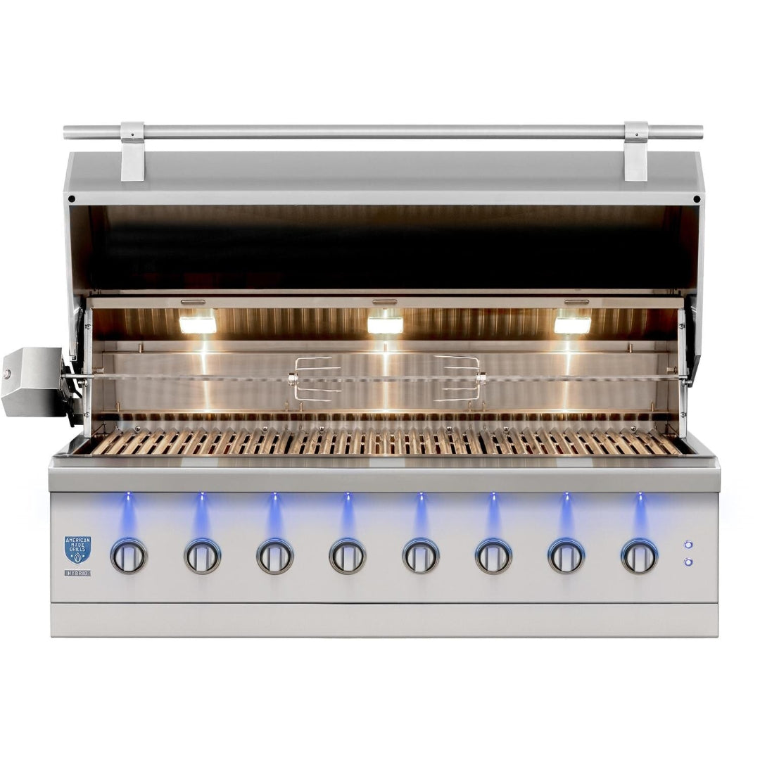 Built-in grill, American Made Grills, Encore Series, 54-inch natural gas model with interior halogen lights and blue LED-lit control knobs