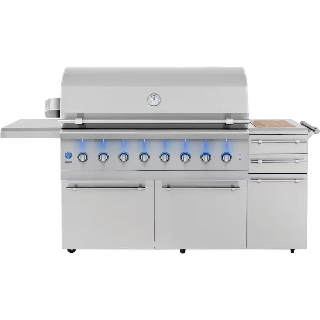 Front view of American Made Grills Encore 54" freestanding propane gas grill with closed lid and blue LED control knob lighting