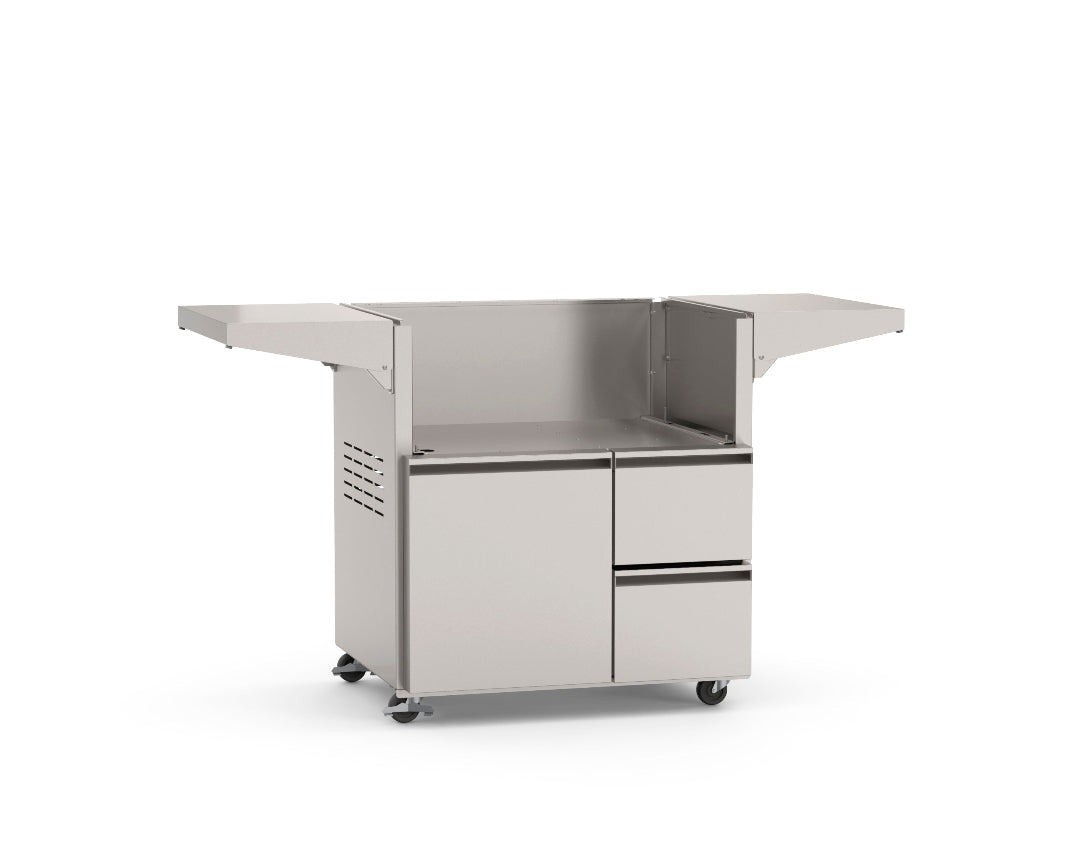 FM_660-SC24 30-inch stainless steel outdoor kitchen grill cart base (cart-only) with fold-up side shelves, recessed grill cavity, storage cabinet, two drawers and caster wheels