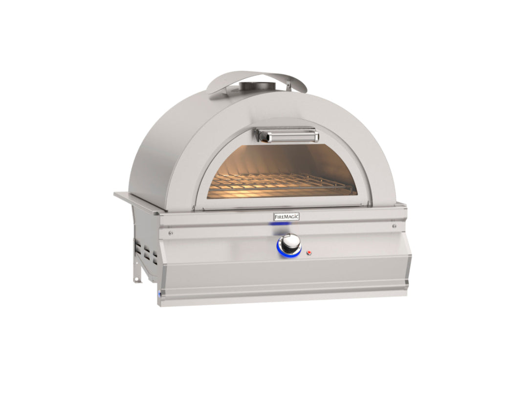FireMagic Aurora stainless steel built-in pizza oven for outdoor kitchens with arched viewing window, interior light and removable cooking rack