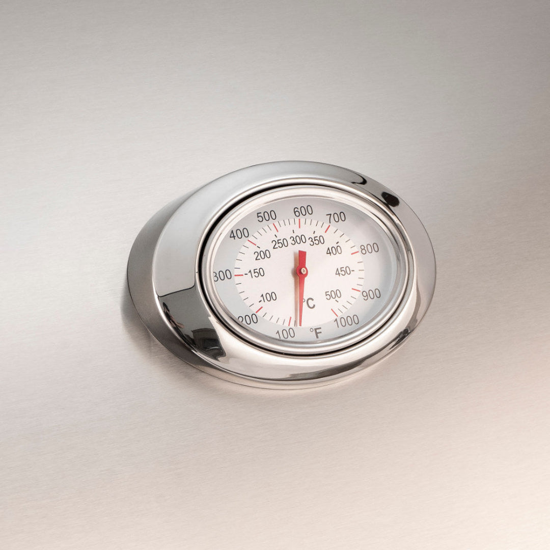 Fire Magic Aurora analog built-in grill thermometer with stainless steel chrome bezel, lid-mounted BBQ thermometer showing Fahrenheit and Celsius