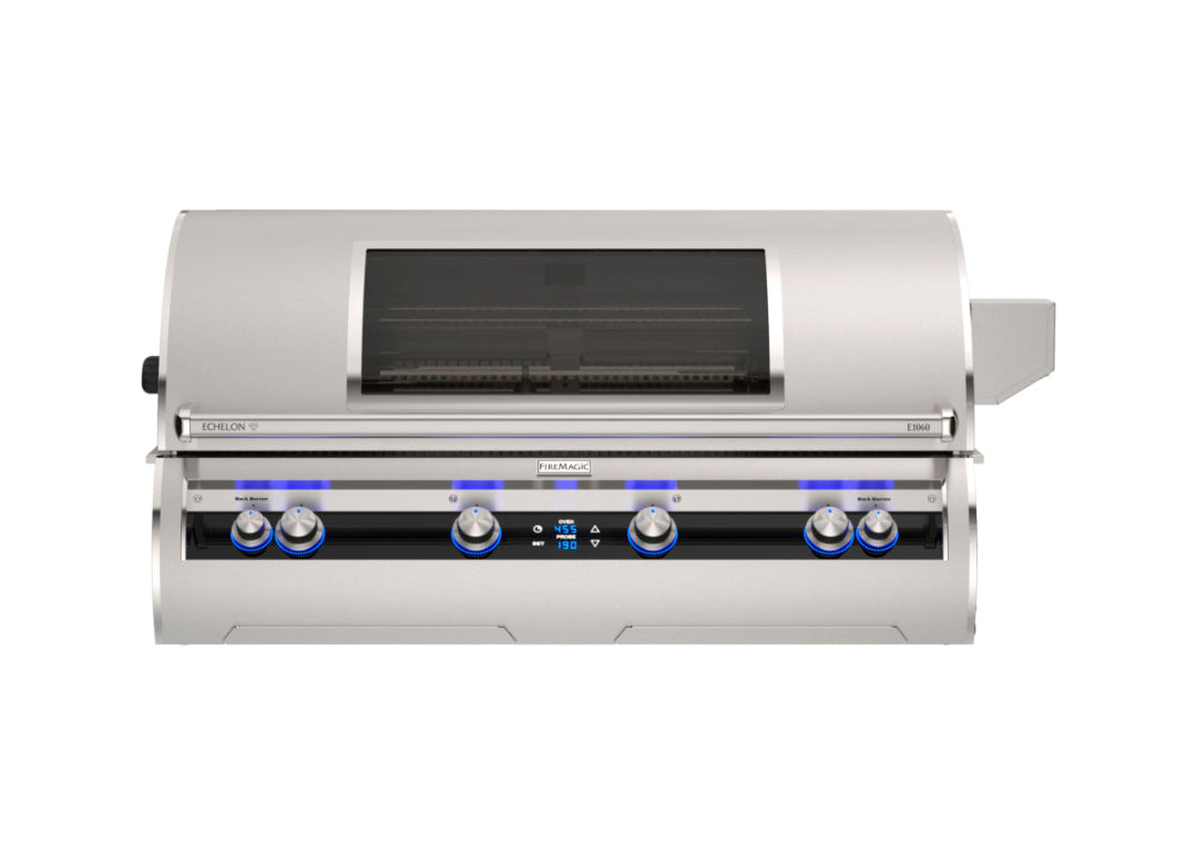 FireMagic Echelon E1060i built-in stainless steel gas grill with glass viewing window, digital temperature display and blue LED backlit control knobs