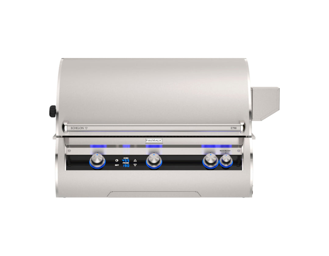 Fire Magic Echelon E790i built-in stainless steel gas grill for outdoor kitchens with digital temperature display and blue LED backlit control knobs